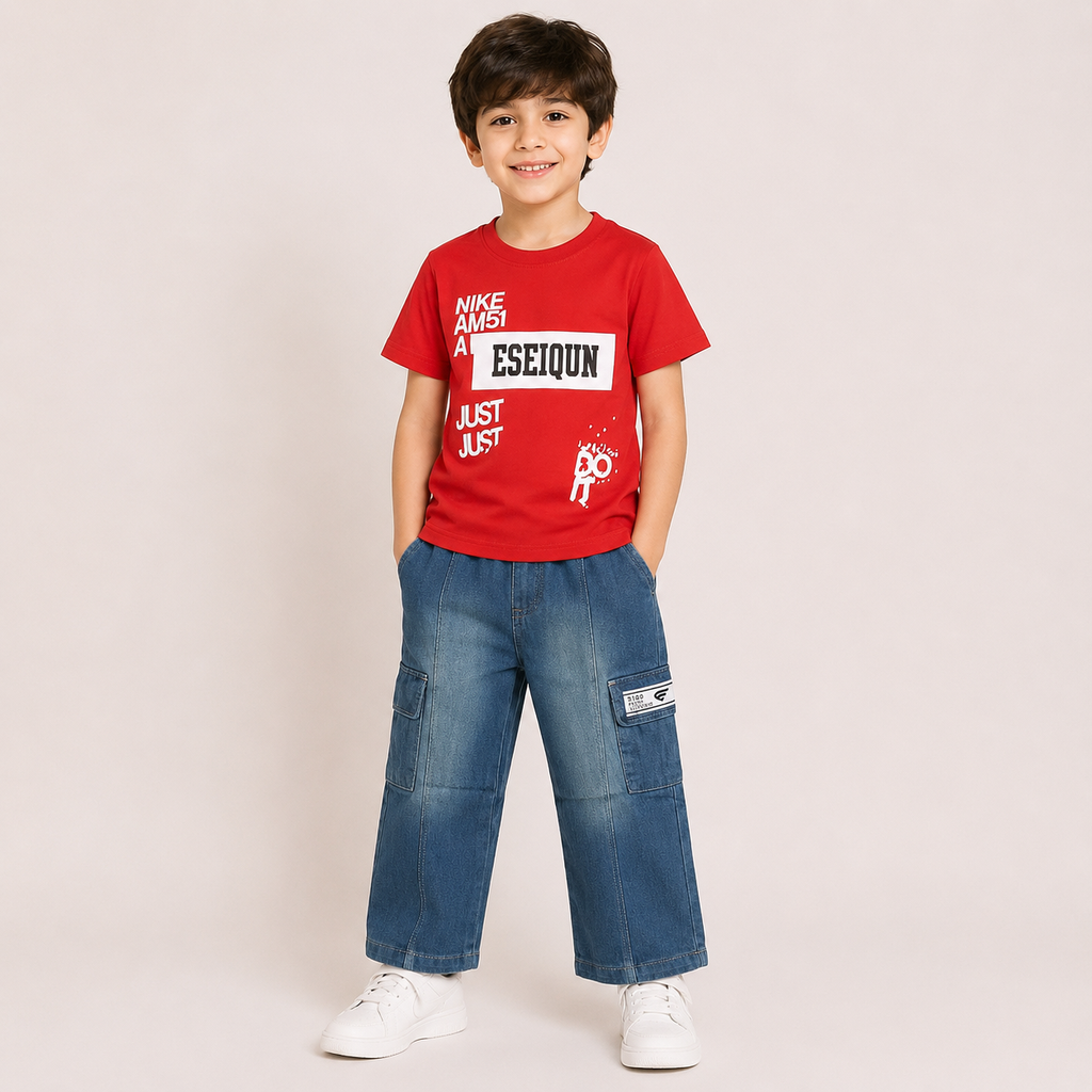 Boys Red Graphic T-Shirt with Denim Cargo Pants