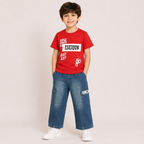 Boys Red Graphic T-Shirt with Denim Cargo Pants