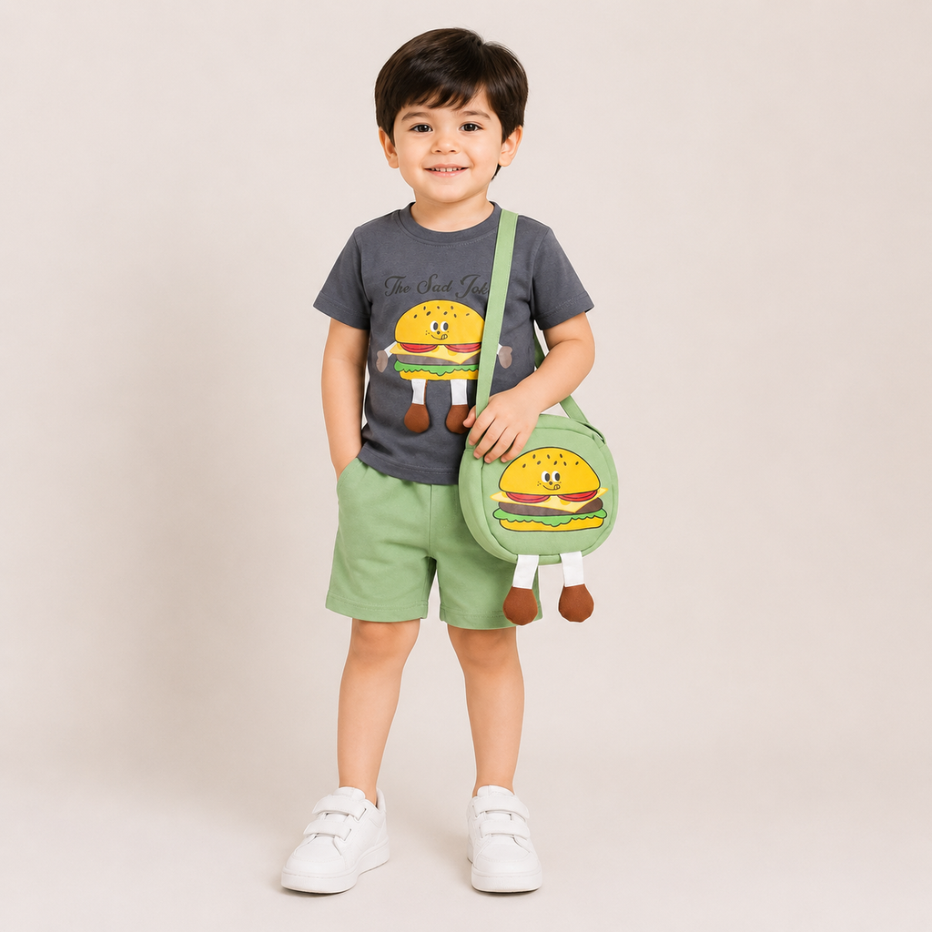 Boys Burger Print T-Shirt & Shorts Set with Matching Sling Bag