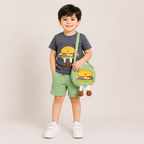 Boys Burger Print T-Shirt & Shorts Set with Matching Sling Bag