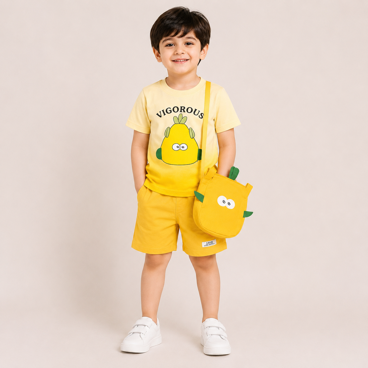 Boys Pear Print T-Shirt & Shorts Set with Matching Sling Bag