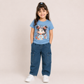 Girls Blue Cartoon Print T-Shirt with Denim Cargo Pants