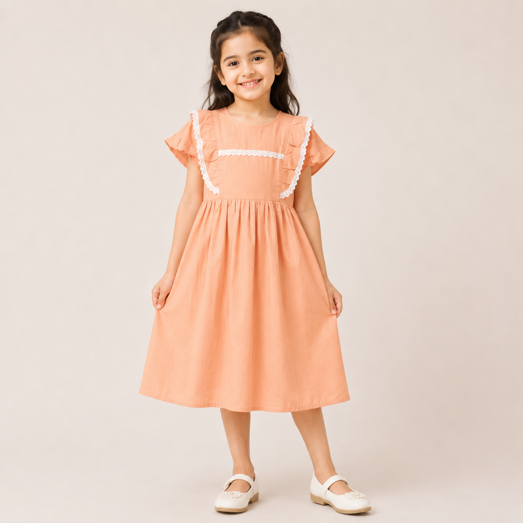 Girls Peach Lace Frill Cotton Fit & Flare Dress