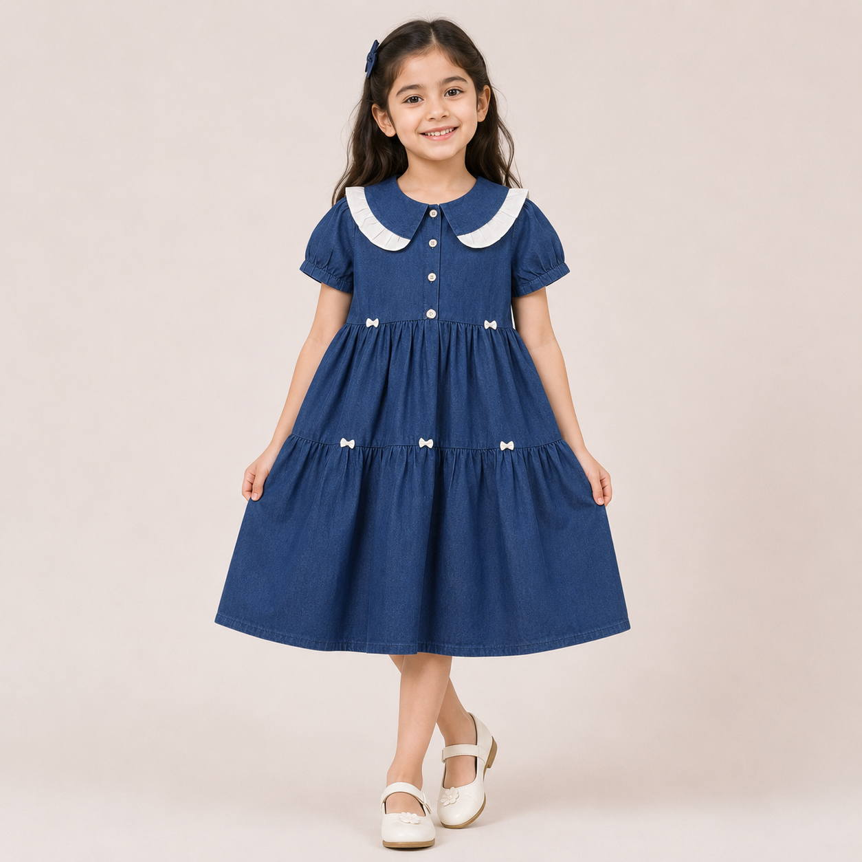 Girls Cotton Blue Frock with Bow Details