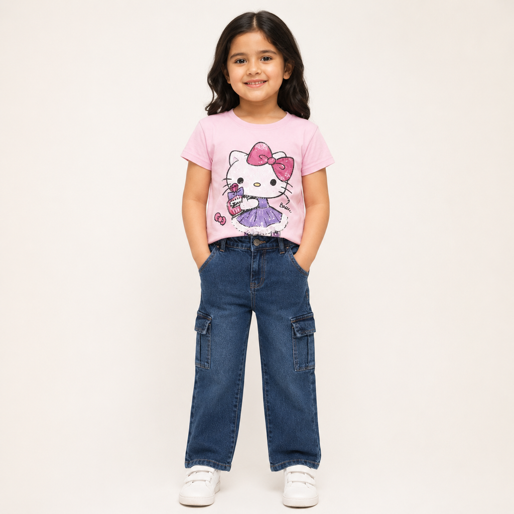 Girls Pink Hello Kitty Printed T-Shirt with Blue Cargo Jeans