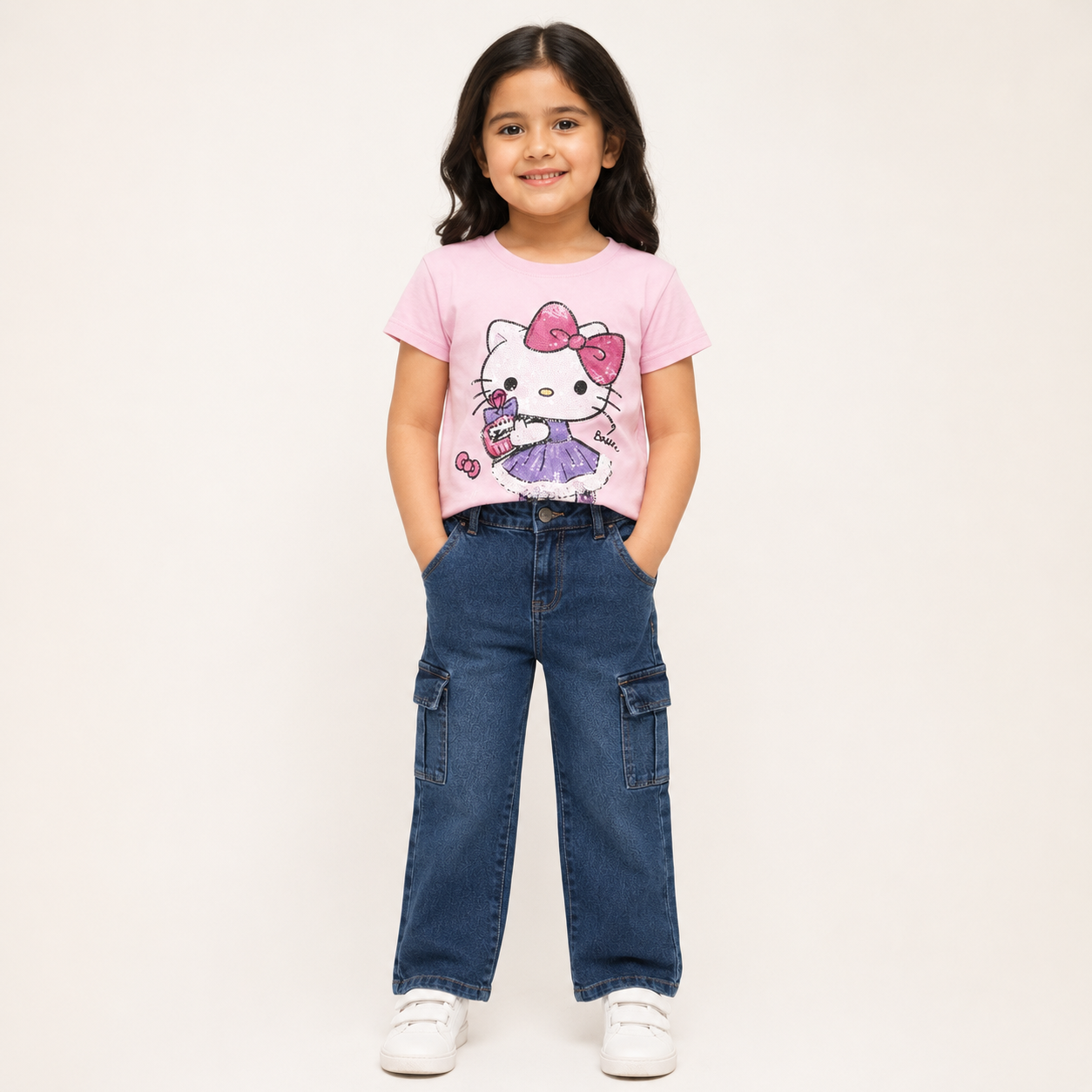 Girls Pink Hello Kitty Printed T-Shirt with Blue Cargo Jeans