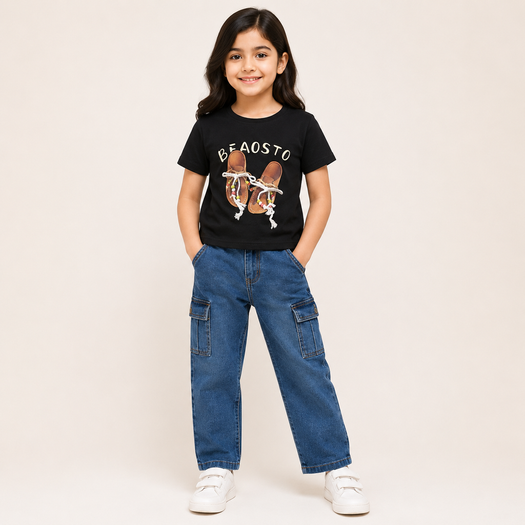 Girls Black Graphic Printed Cotton T-Shirt