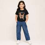 Girls Black Graphic Printed Cotton T-Shirt