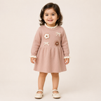 Girls Beige Knitted Winter Dress with Floral Embroidery