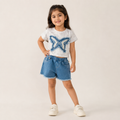 Girls Butterfly T Shirt Set with Denim Shorts