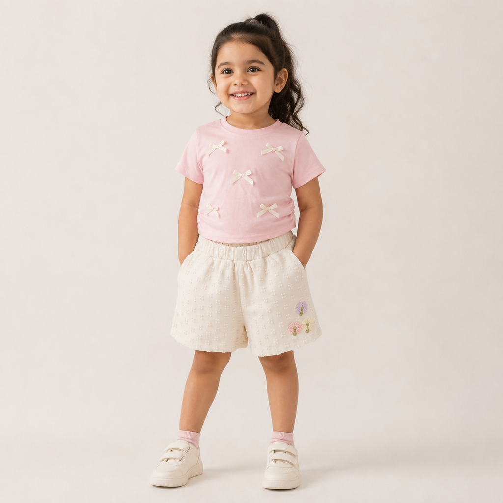 Girls Pink Bow Cotton T Shirt Set with Textured Shorts