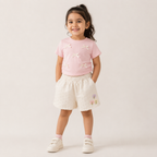 Girls Pink Bow Cotton T Shirt Set with Textured Shorts