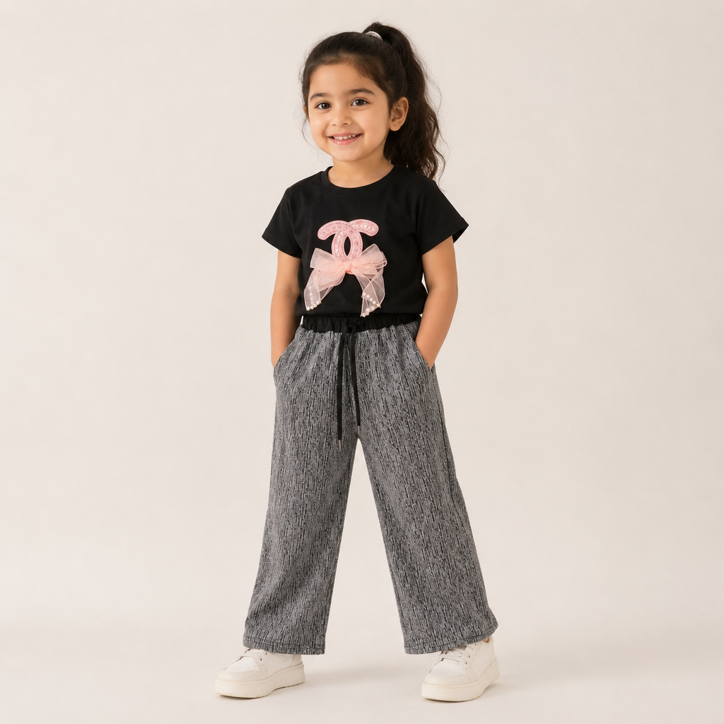 Girls Bow T Shirt with Wide Leg Pants