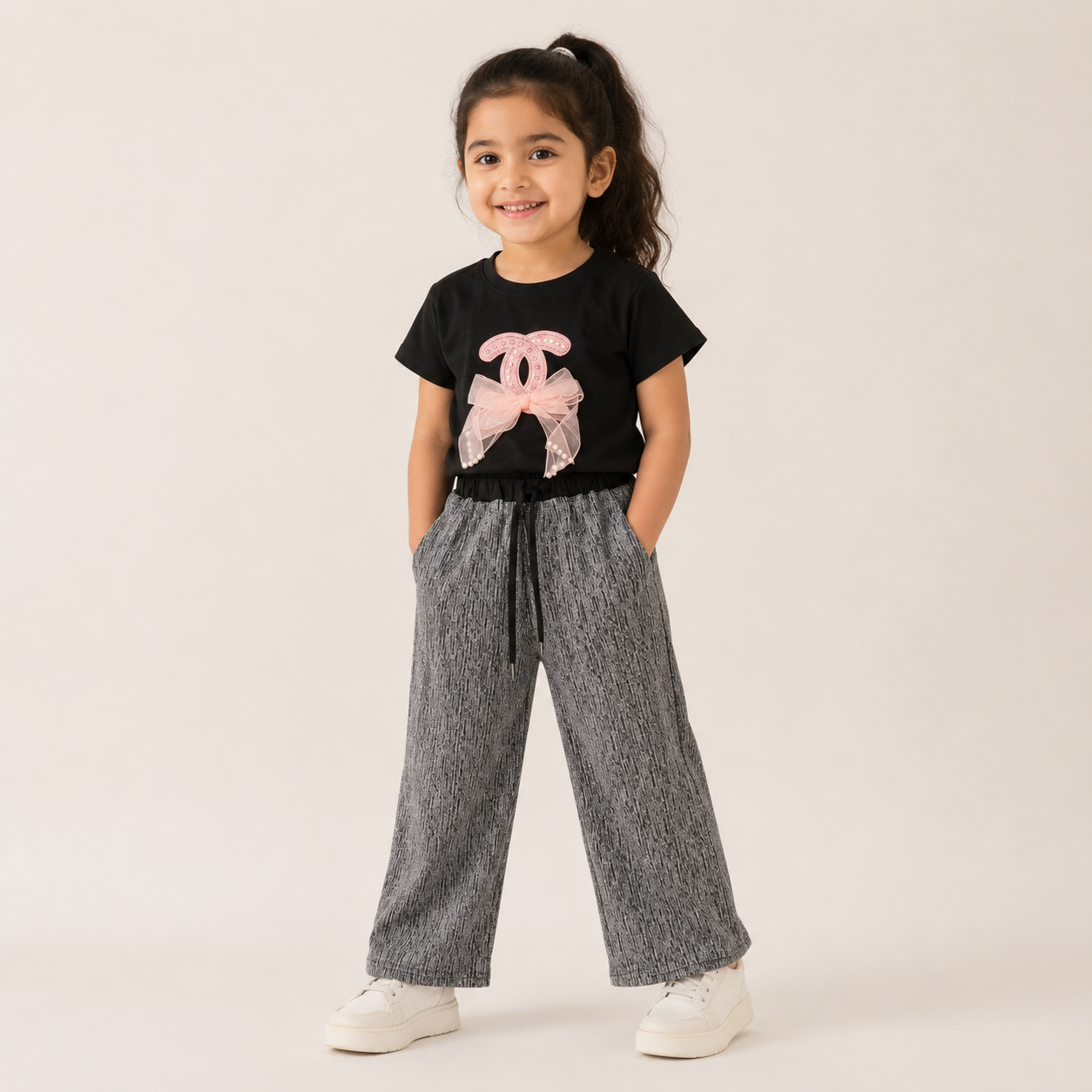 Girls Bow T Shirt with Wide Leg Pants