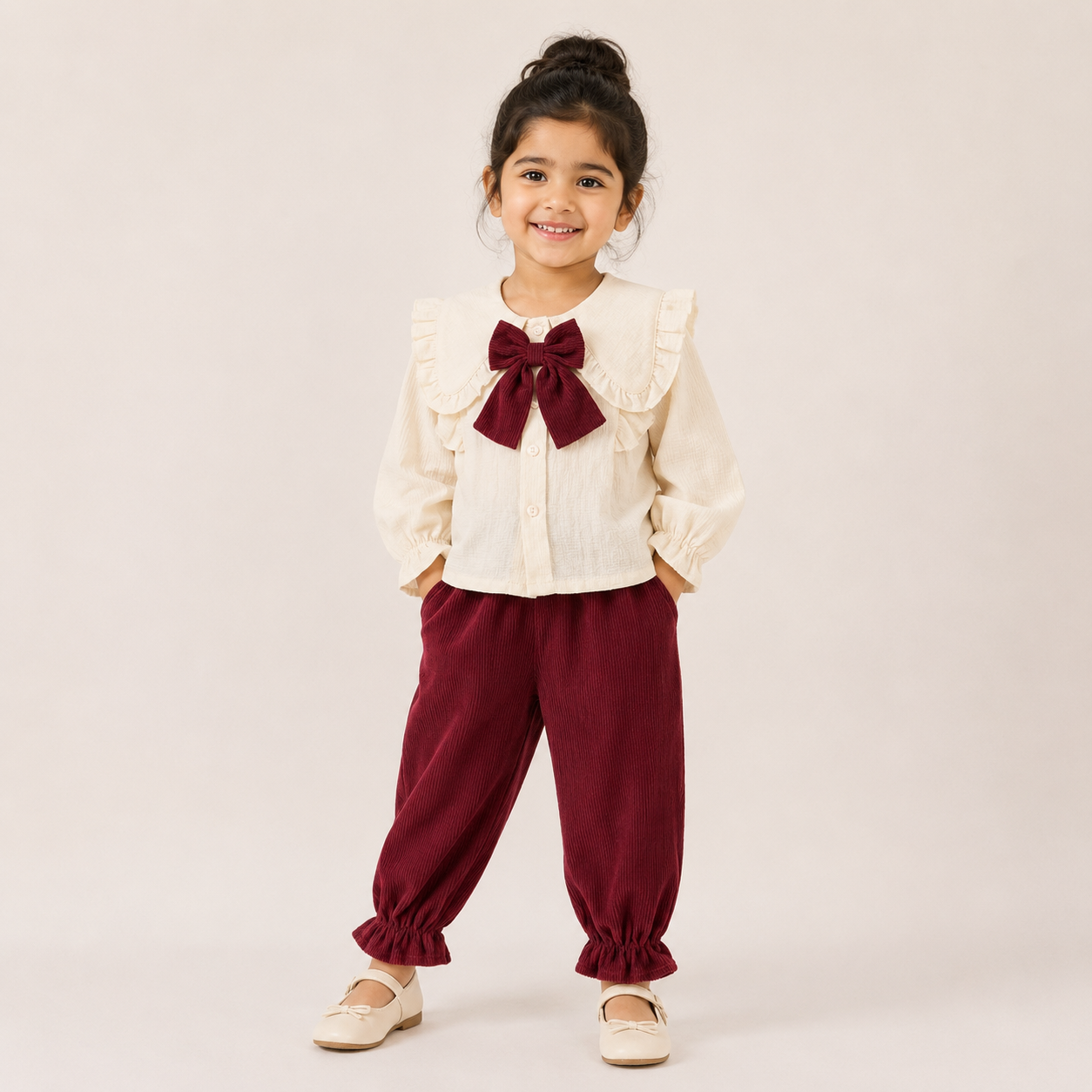 Girls Red Bow Shirt & Cargo Pants Set