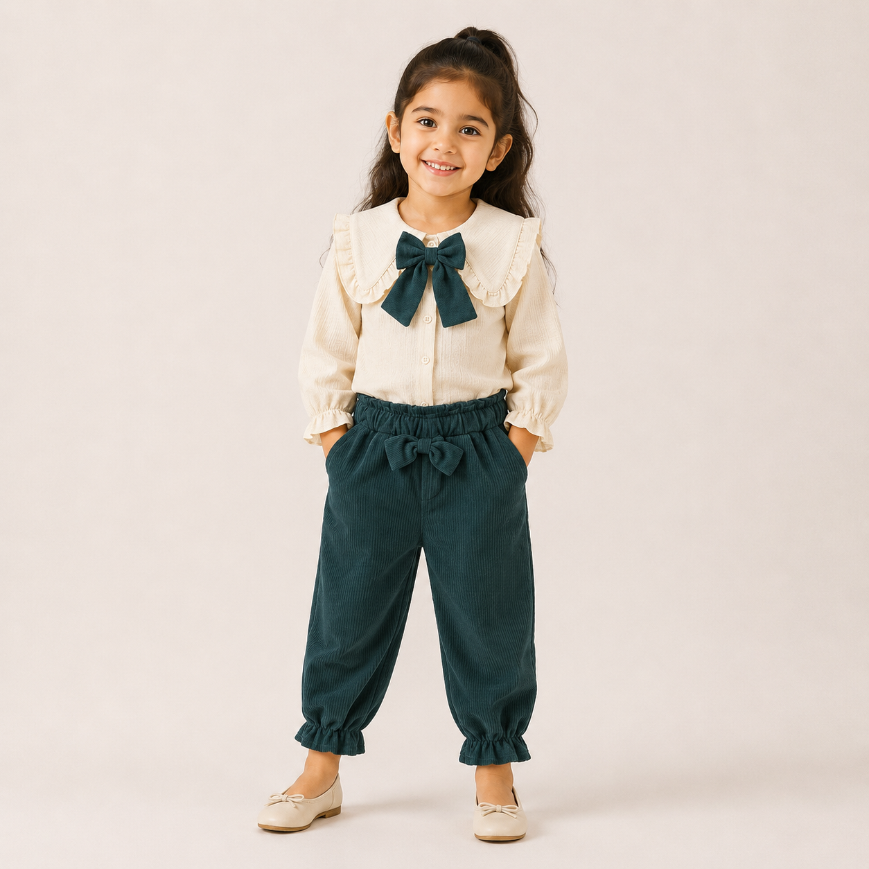 Girls Green Bow Shirt & Cargo Pants Set