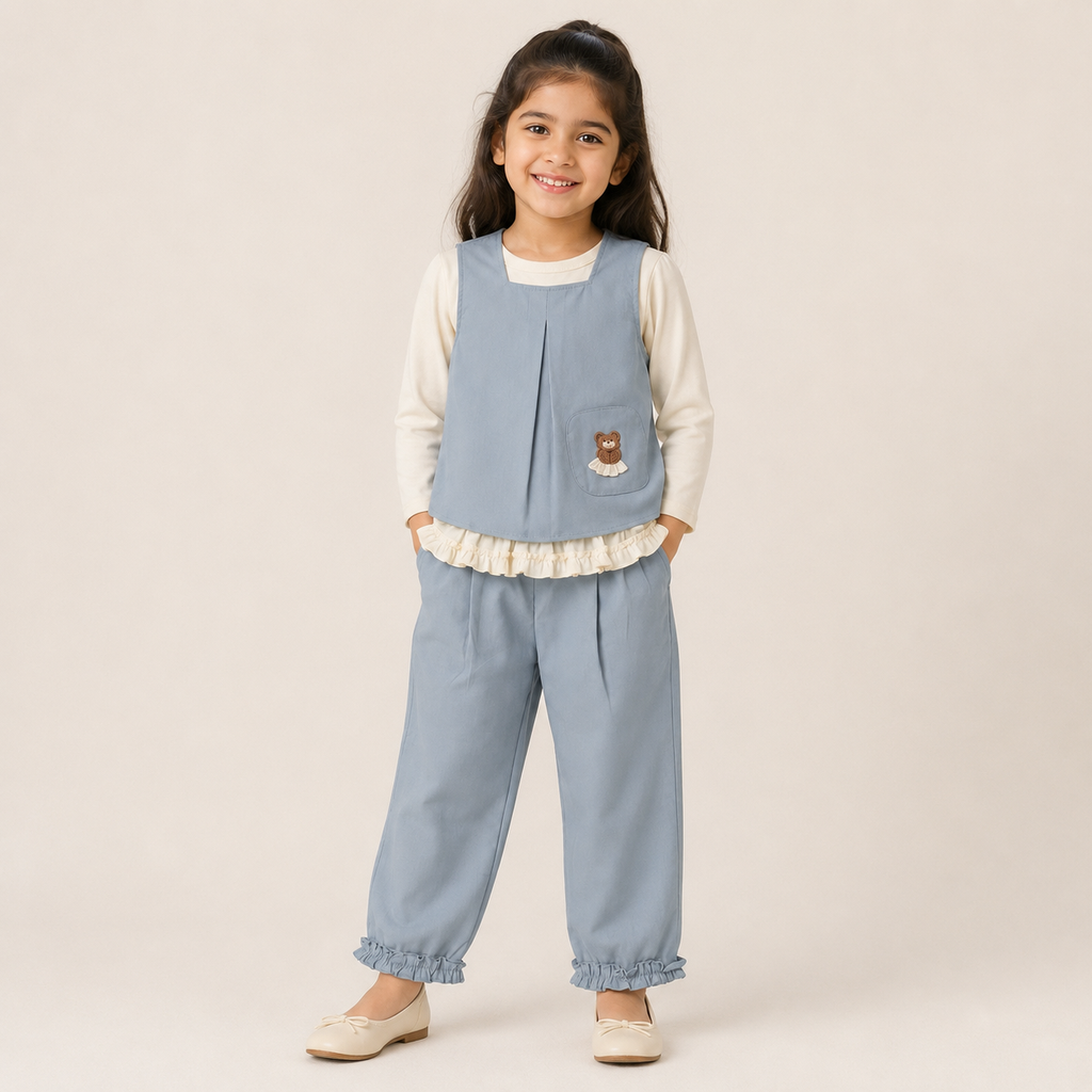 Girls Bear Embroidered Layered Co-Ord 3 Piece Set