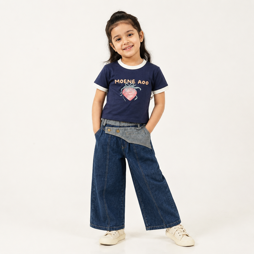 Girls Strawberry Print T-Shirt & Wide Leg Denim Jeans Set