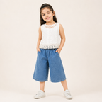 Girls White Crochet Lace Top & Denim Culotte Set
