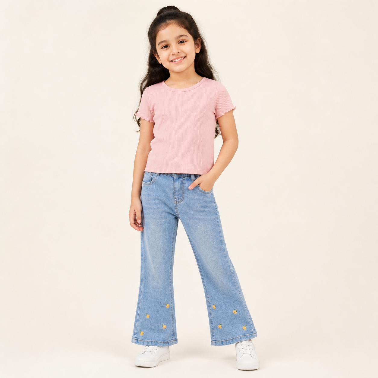 Girls Light Wash Floral Embroidered Flare Jeans