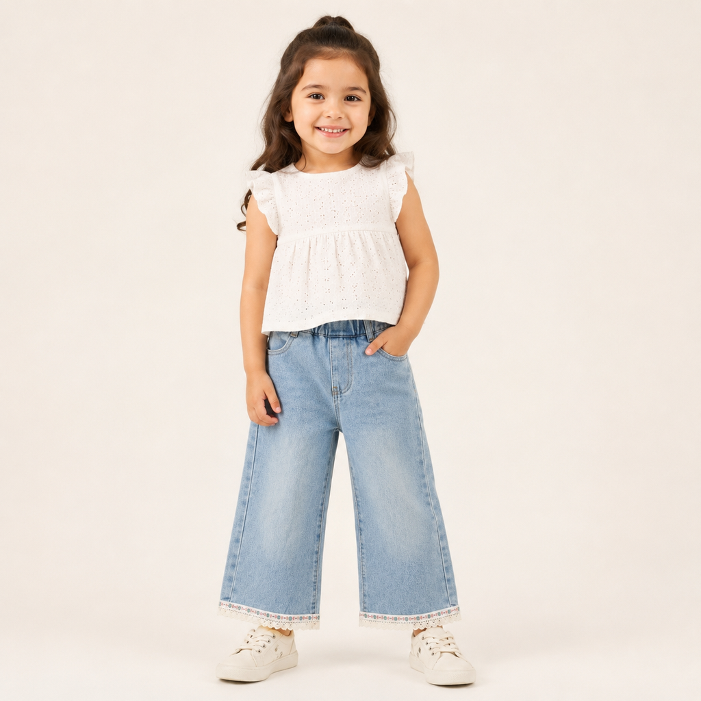 Girls Light Blue Wide-Leg Denim Pants with Lace Hem