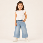 Girls Light Blue Wide-Leg Denim Pants with Lace Hem