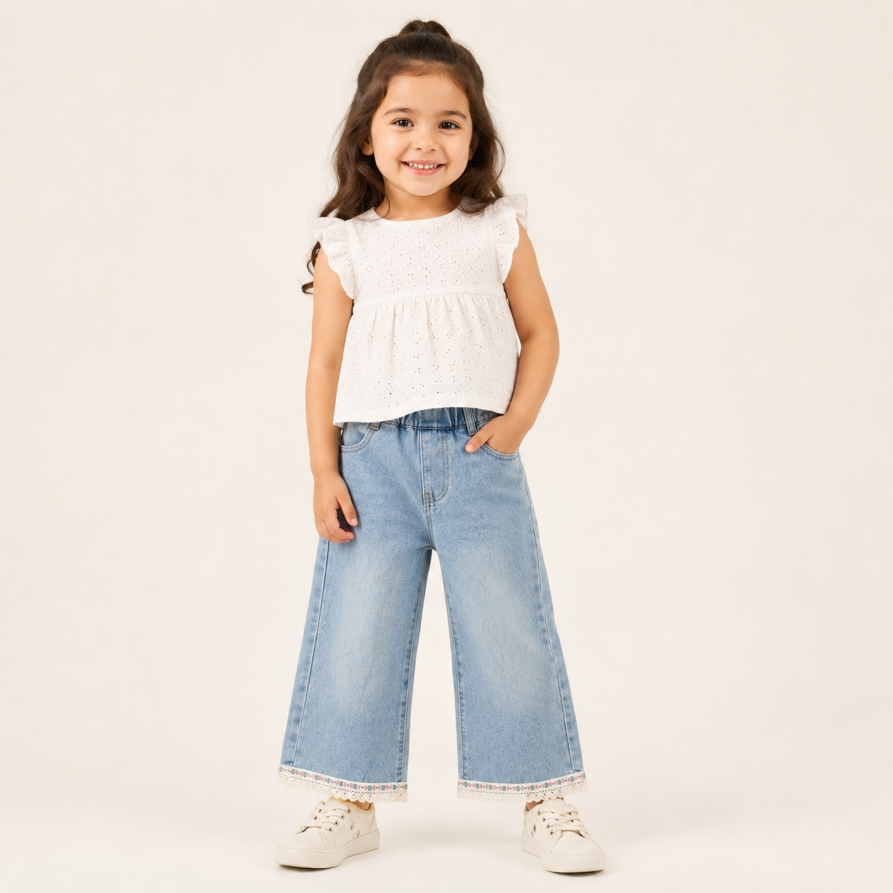 Girls Light Blue Wide-Leg Denim Pants with Lace Hem