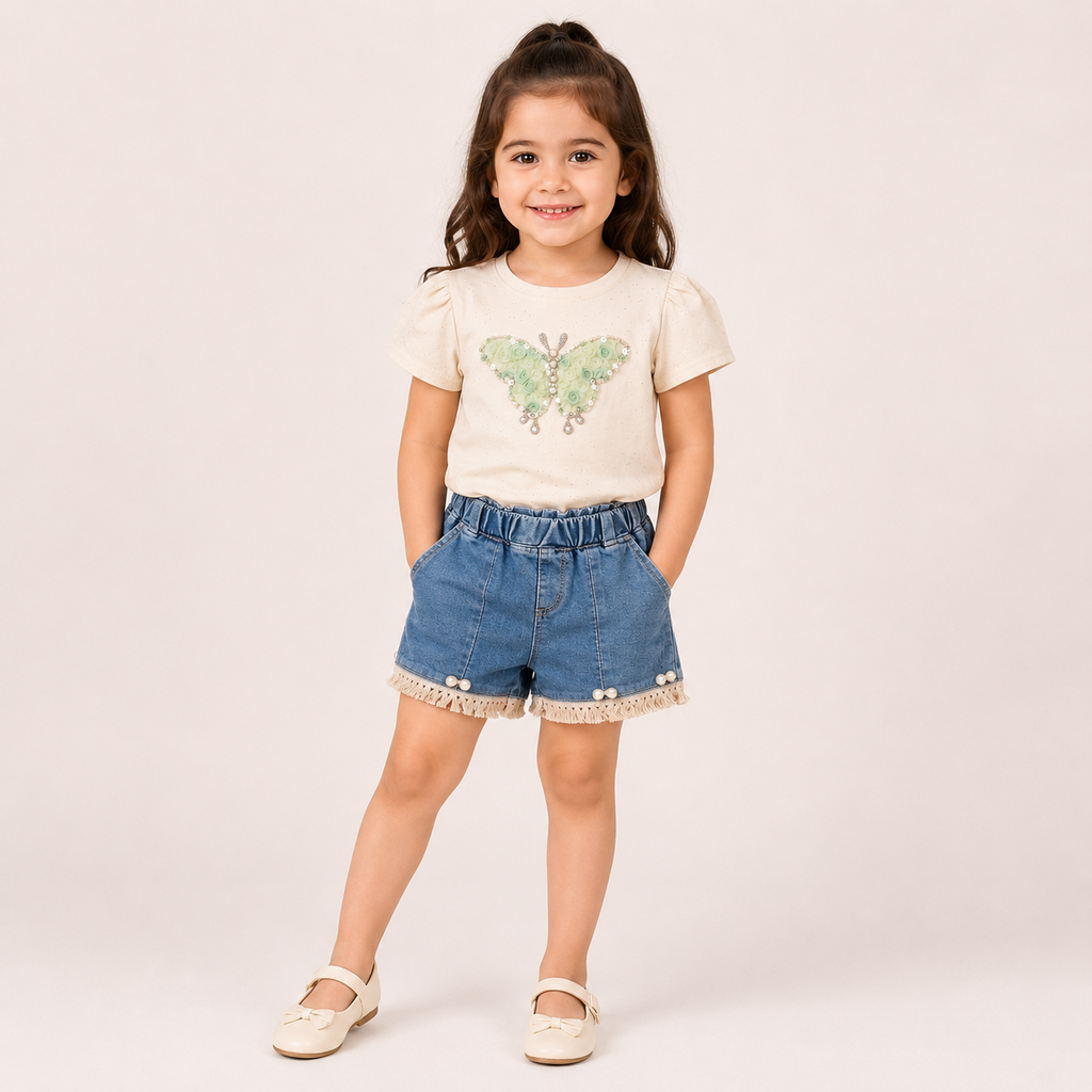 Girls White Butterfly T Shirts and Shorts