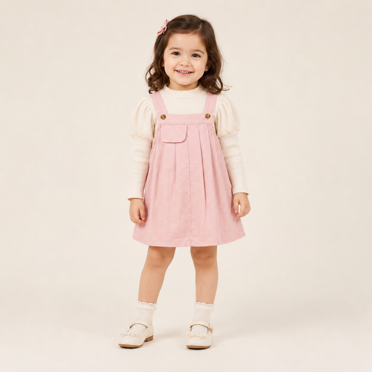 Girls Pink Pinafore Dress with White Ribbed Full Sleeve Top Set