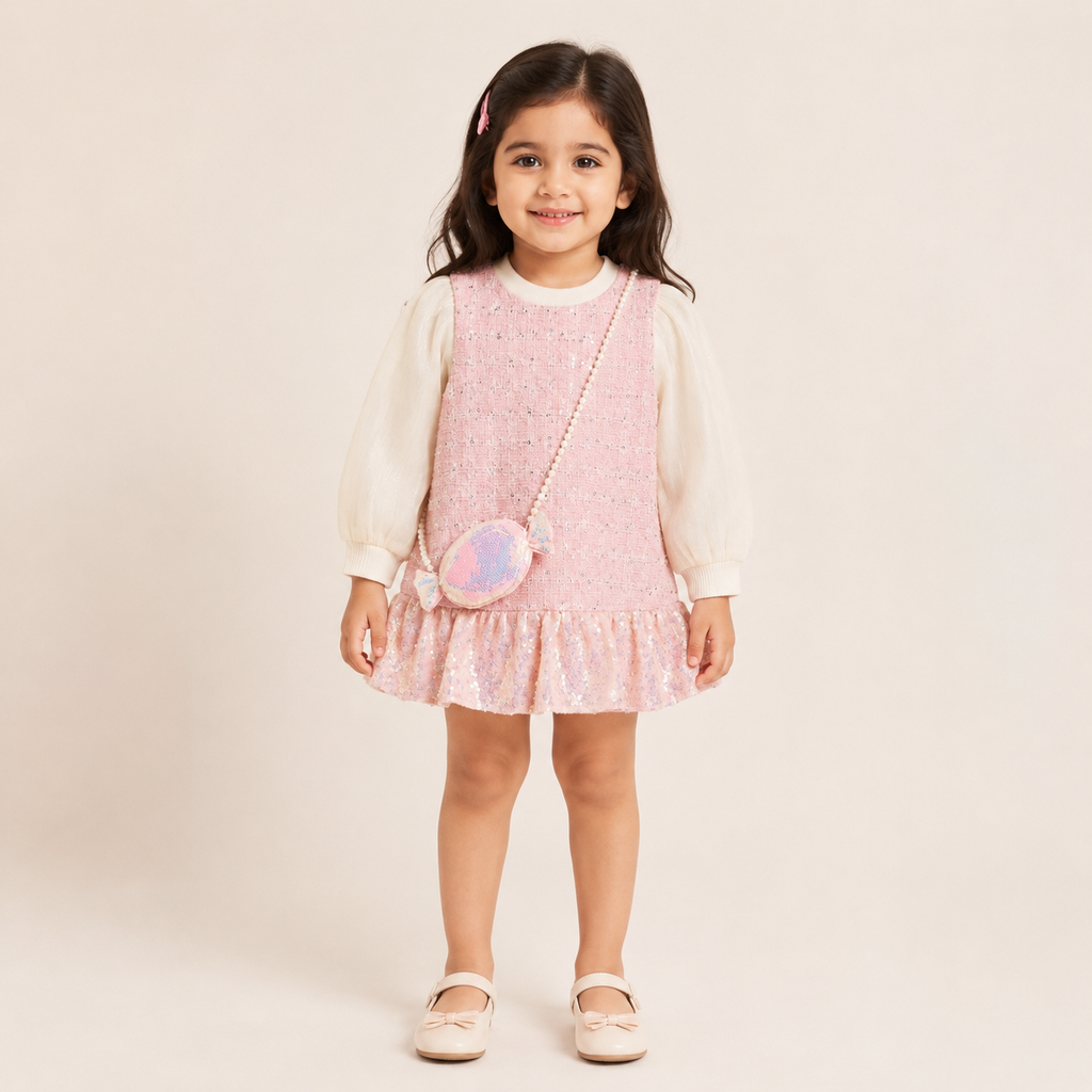 Girls Blush Pink Sequin Tweed Party Dress with Pearl Crossbody Bag