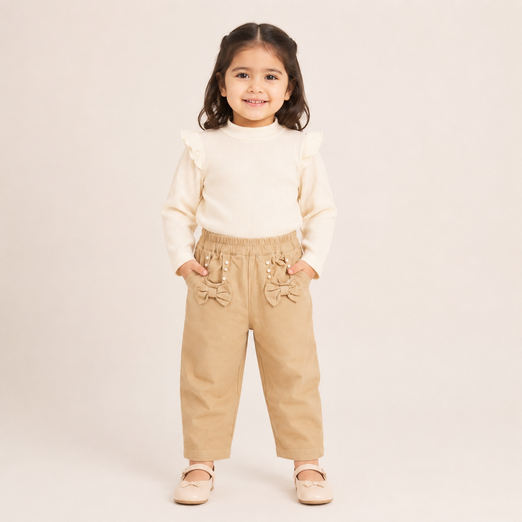 Girls Beige Pearl Bow Straight Fit Pants