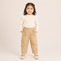 Girls Beige Pearl Bow Straight Fit Pants