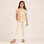 Girls Floral Print Cotton Shirt with White Straight Pants