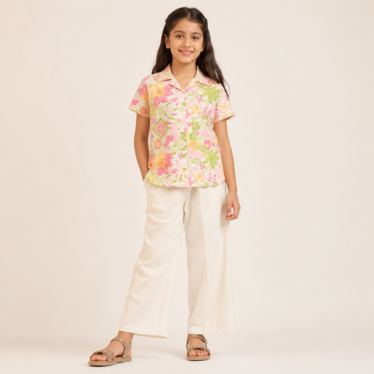 Girls Floral Print Cotton Shirt with White Straight Pants