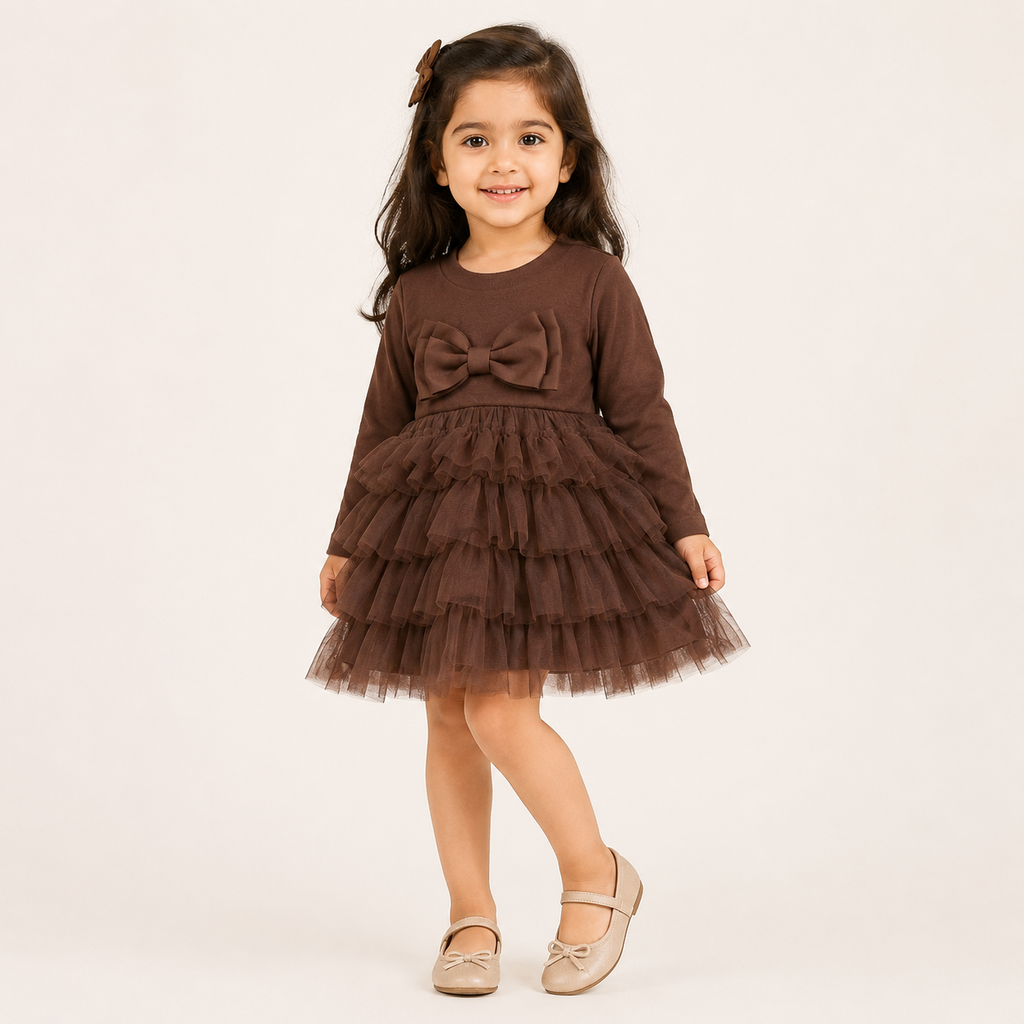 Girls Chocolate Brown Bow Ruffle Tulle Party Dress