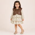 Girls Floral Tiered Dress with Brown Faux Leather Ruffle Jacket