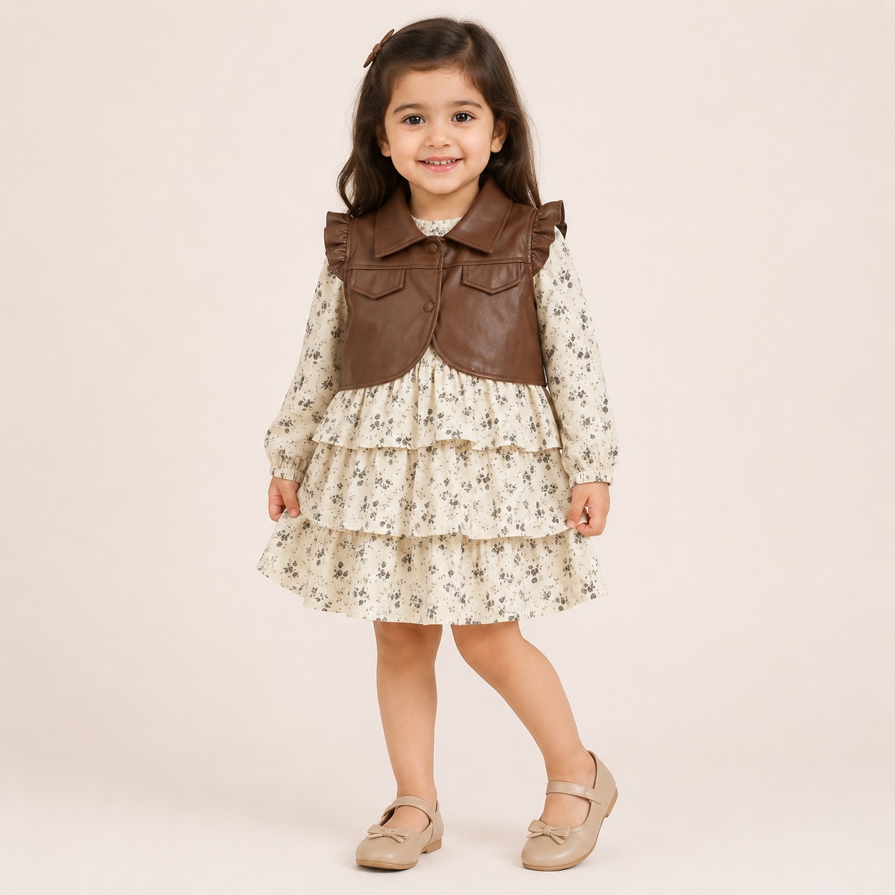 Girls Floral Tiered Dress with Brown Faux Leather Ruffle Jacket