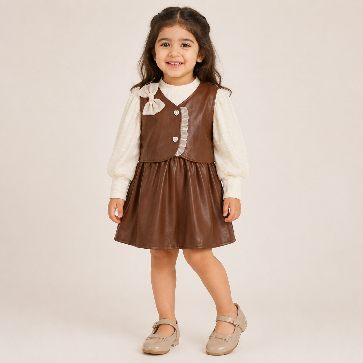 Girls Brown Faux Leather Dress with Full Sleeve Shimmer Top