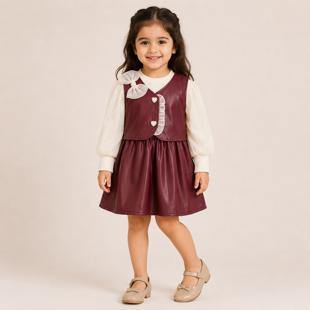 Girls Red Faux Leather Dress with Full Sleeve Shimmer Top