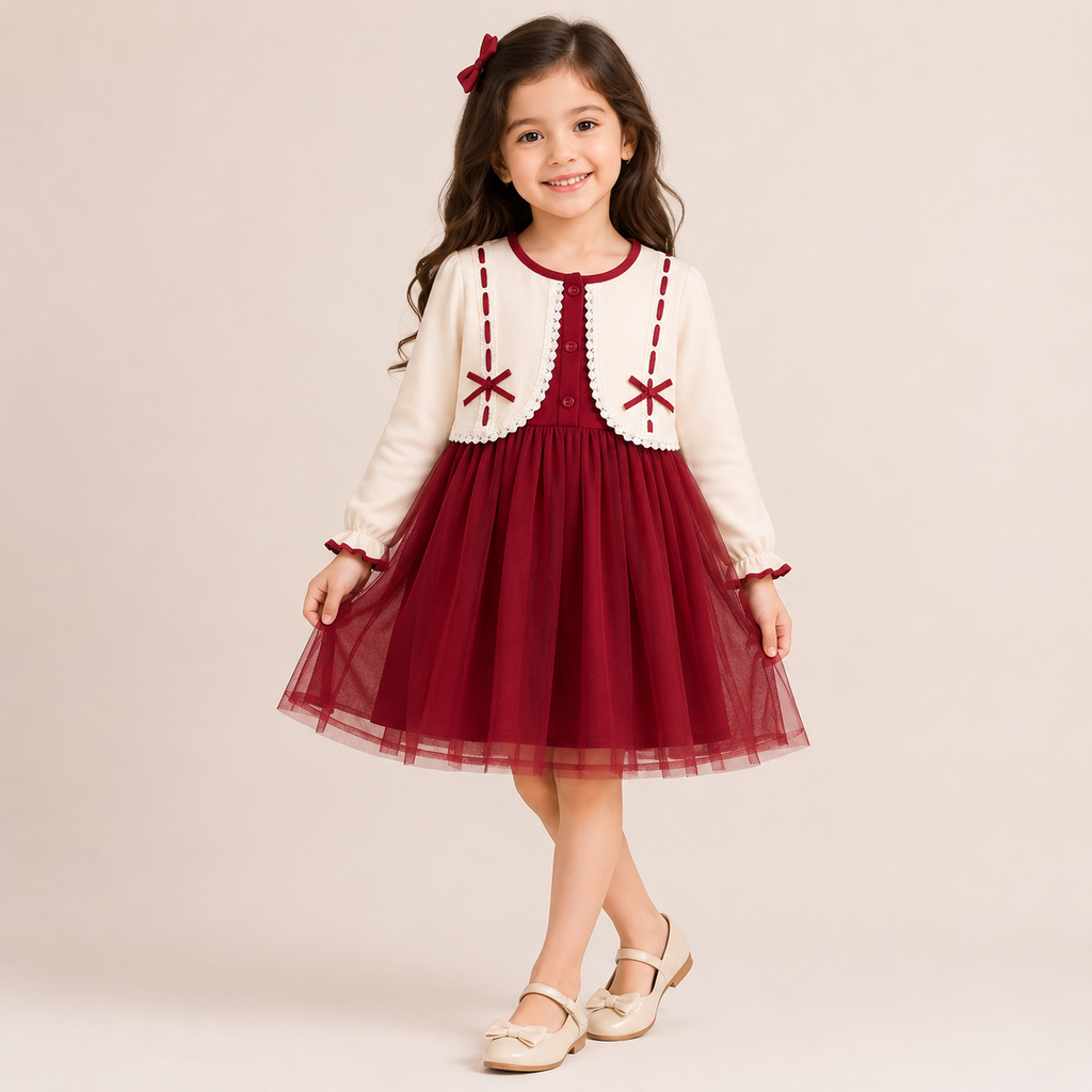 Girls Maroon Tulle Party Dress with Cream Knit Bodice