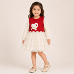 Girls Red Heart Knit Top with Cream Layered Dress