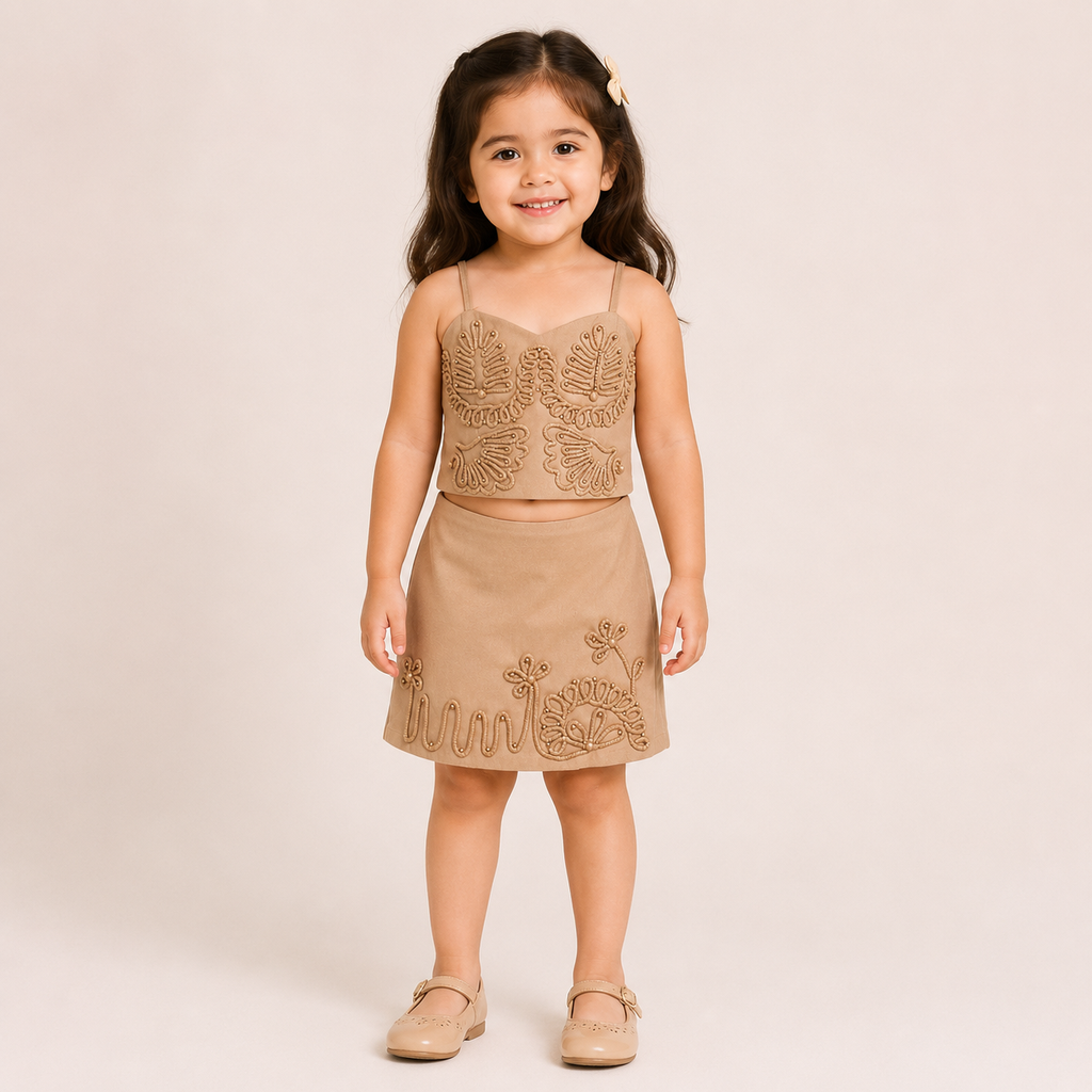 Girls Beige Embroidered Crop Top with SkIrt