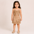 Girls Beige Embroidered Crop Top with SkIrt