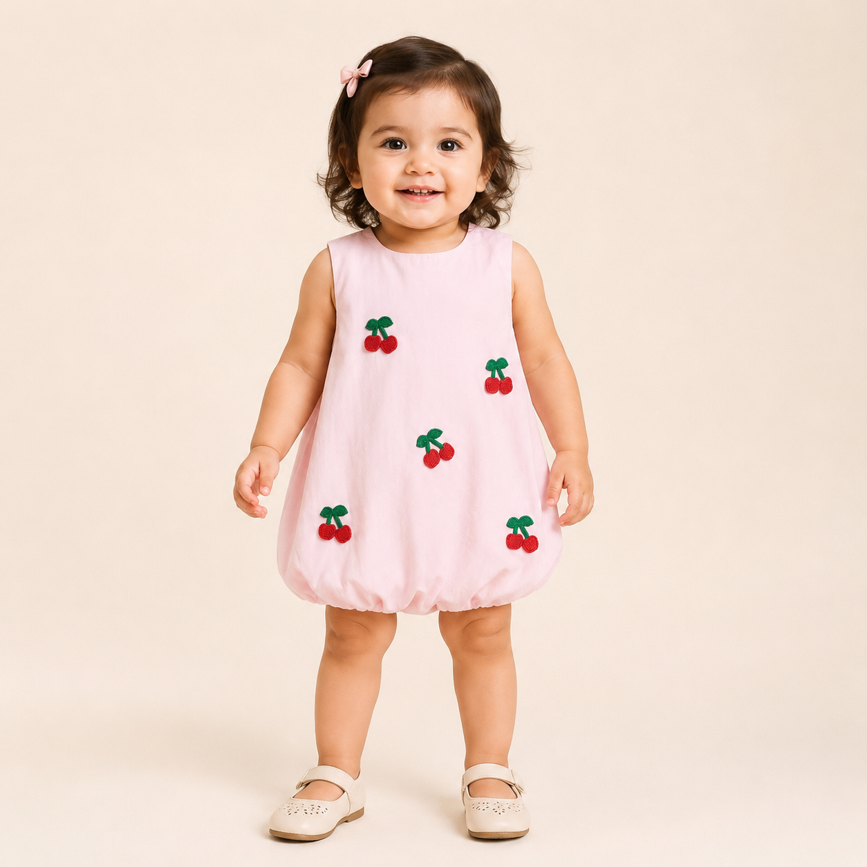 Girls Pink Cherry Embroidered Bubble Top