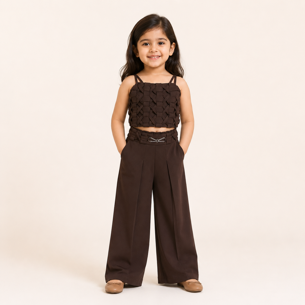 Girls Brown Lilac Woven Crop Top with Wide Leg Pants Co-Ord Set