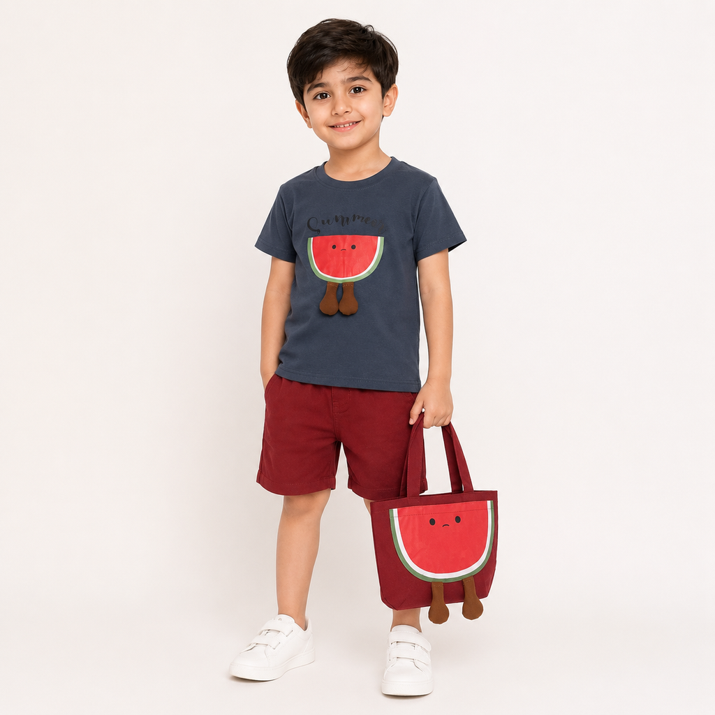 Boys Summer Watermelon Print T-Shirt & Shorts Set with Matching Sling Bag