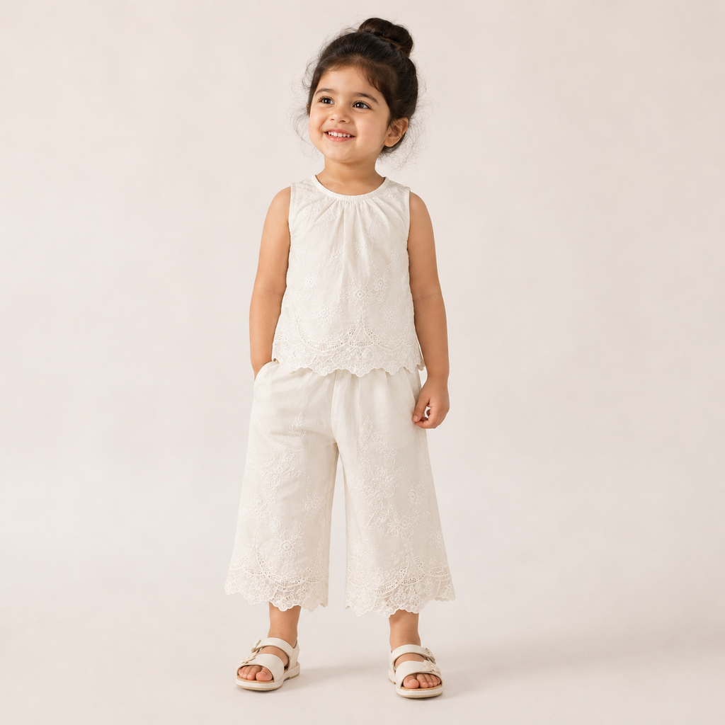Girls White Embroidered Cotton Co-Ord Set