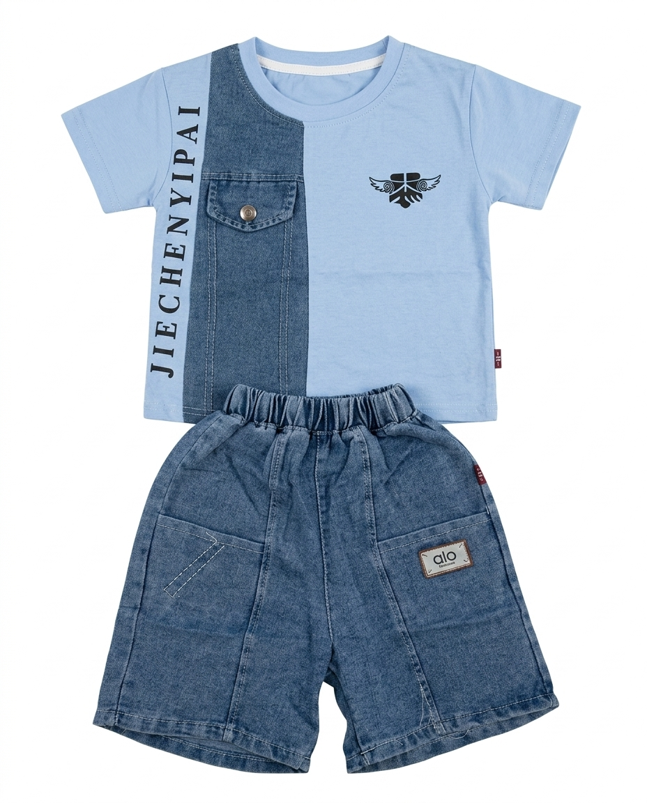 Boys Sky Blue Color Block T-Shirt & Denim Shorts