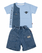 Boys Sky Blue Color Block T-Shirt & Denim Shorts