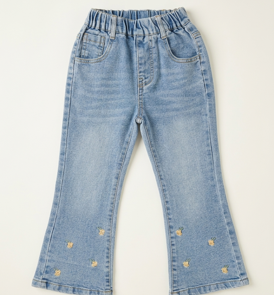 Girls Light Wash Floral Embroidered Flare Jeans